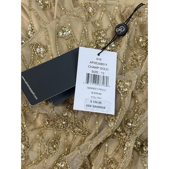 Adrianna Papell Beaded Blouson Long Gown Formal Wedding Sz 12 Champagne Gold - Picture 8 of 16